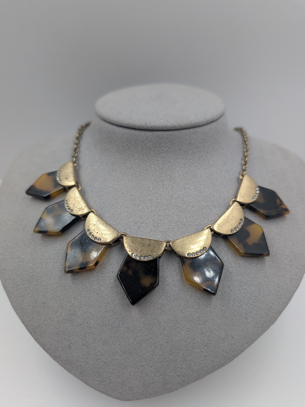 Signed J. Crew Tortoiseshell Shield & Crystal Half-Moon Collar Necklace 0621